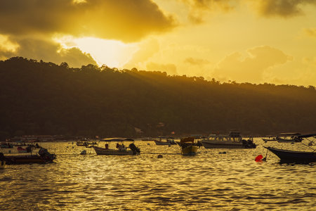 Terengganu, Malaysia - March 16, 2023 Golden sunrise in Perhentian Island.のeditorial素材