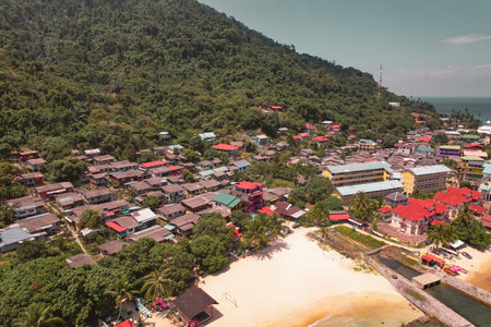 Aerial view of the Fisherman's village in Perhentian Island, Terengganu, Malaysia.のeditorial素材