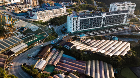 Cameron Highlands, Malaysia - Sep 15, 2022 Aerial agricultural view of vegetables production field and greenhouse.のeditorial素材
