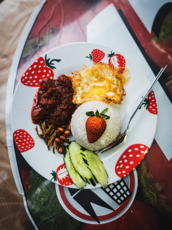 Fresh strawberry on the Nasi Lemak. Special chillies gravy cooked with strawberries.の写真素材