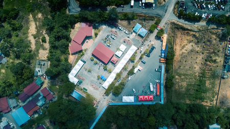 National park Kuala Tahan village parking space high angle view. Drone aerial photo.の写真素材