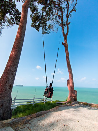 A boy is on a giant swing against the sea background.