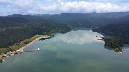 Green lake and rainforest tropical trees in Kuala Kubu Bharu, Malaysia.の写真素材