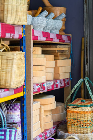 Handmade baskets on the shop's shelves. Handmade Malaysian handicrafts.の写真素材