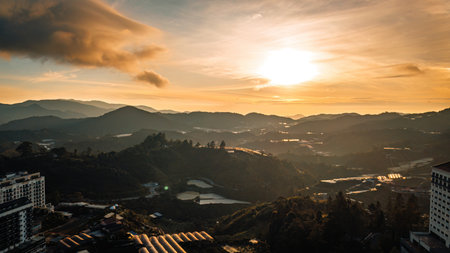 Mountain valley in contrasting morning light in Cameron Highlands.の写真素材