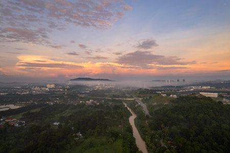 Aerial view of morning fogs in Bandar Seri Putra, Malaysia.の写真素材