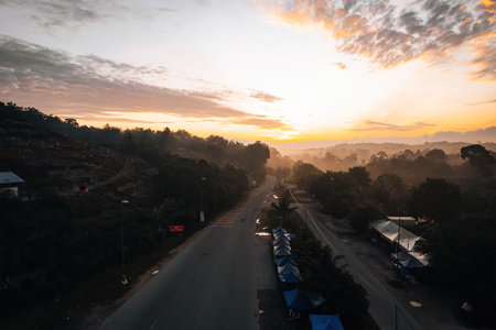 Golden sunrise aerial view in Malaysia.の写真素材
