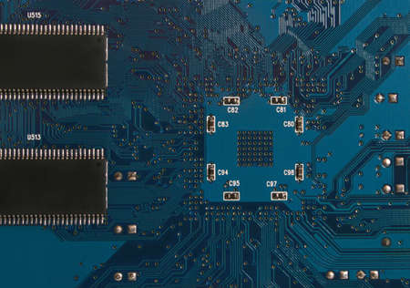 Blue electronic circuit close-up. Macro background,abstract