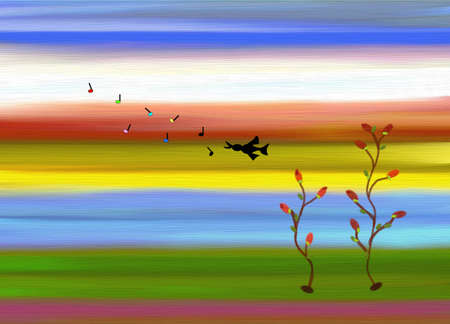 Background with motive flying and singing bird in nature, oil brush hand drawingの写真素材