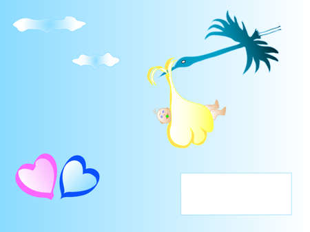 Cute cartoon stork carrying a newborn baby, frame for textのイラスト素材