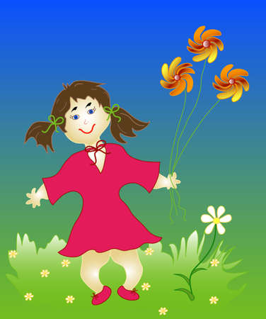 Little girl with flowers, object white isolated, vector,のイラスト素材