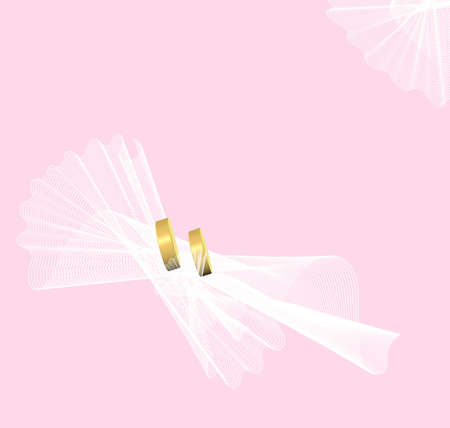 Golden wedding rings and ribbon, place for textの写真素材