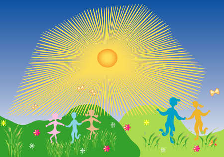 Small children's fun in a meadowのイラスト素材