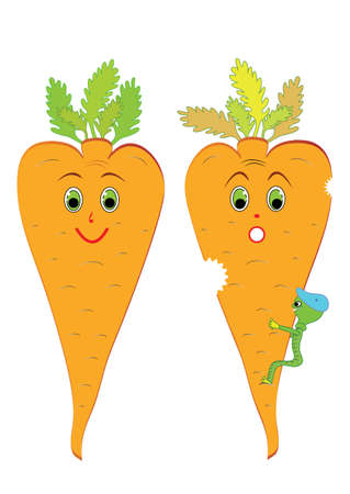 Cartoon threat worm bites cheerfully carrots. Vector isolated white.のイラスト素材