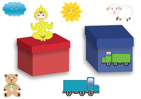 The symbols with images of toys and boxes for boys and girls, isolated, vector format.のイラスト素材