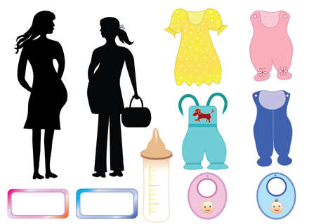 Pregnant women and clothing for babies. Illustration of the silhouettes of motherhood and sets infant outfits. Vector format.のイラスト素材