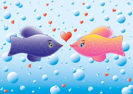 Underwater story of a couple fish in loveのイラスト素材