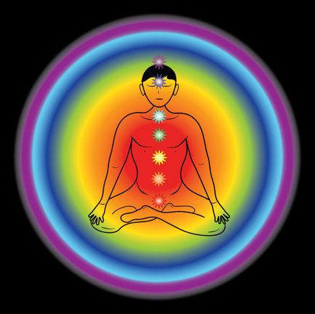Silhouette of a yogi with chakras, on a rainbow background. Circular rainbow sitting man drawing is in vector and jpg.のイラスト素材