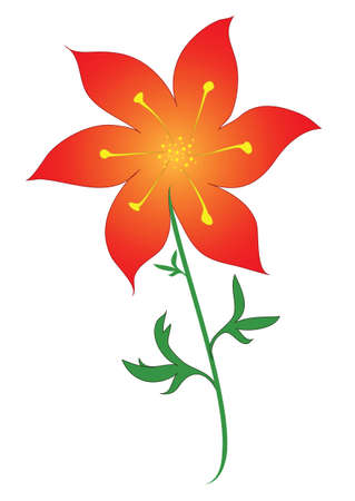 Illustration of a red flower on a stem with leaves and pistils. Colorful blooming spring and summer flower in vector and jpg format.のイラスト素材