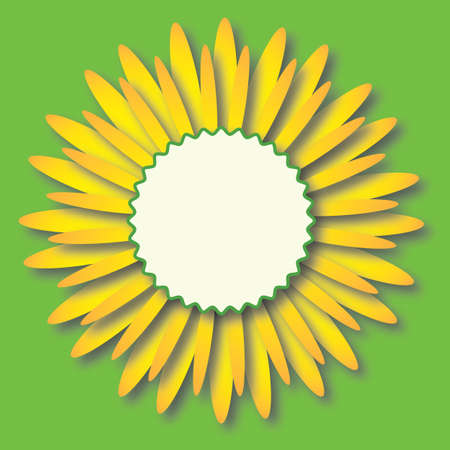 Full blooming yellow sunflower with white center frame for text. Flower object is green isolated in vector and jpg format.のイラスト素材