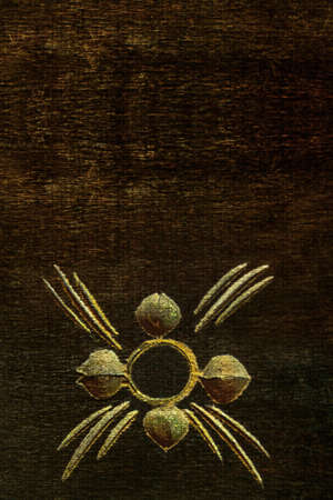 Brown-green wooden damaged aged background with flower and empty space. Parchment with wood carving...
