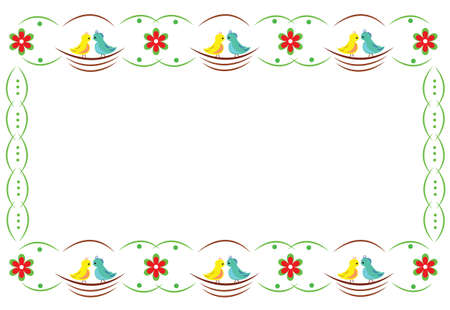 Spring is here. Ornamental motif of courtship birds in the nest. Decorative spring elements lining the frame, birds and flowers. Illustration is in vector and jpg with place for text.のイラスト素材