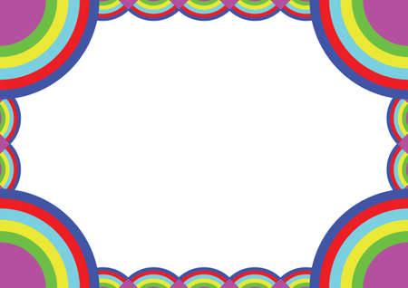 Colorful frame with hems with rainbow circles for childrens party. Colored patterned with white space for invitation in vector and jpg.のイラスト素材