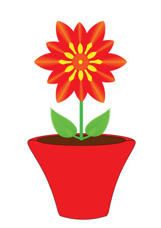 Red-orange flower growing and blooming in a red pot. Garden and room color flower, objects isolated in vector and jpg format.のイラスト素材
