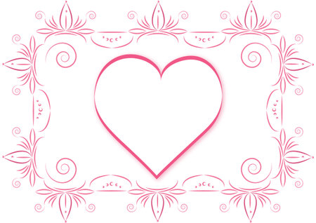 Tender love congratulation card with a frame with an ornament and heart. An announcement or invitation with a heart and a place for text. Vector and jpg.のイラスト素材