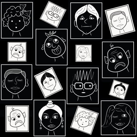 Background with headers of expressions and moods of people, children and adults. Monochrome background, negative black and white, heads of faces in frames. Seamless.の写真素材