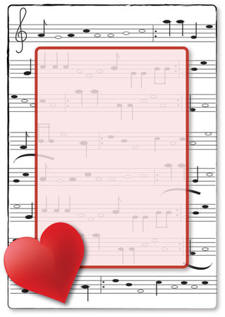 White musical creative song with heart and valentine day card. Invitation on musical notation with empty frame for text. Vector and jpg.のイラスト素材
