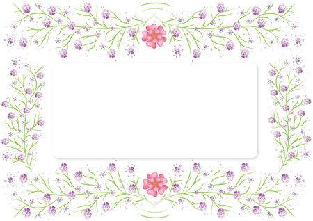 Pink flowers, floral blooming twigs with frame with shadow. Blank greeting card with place for your text in vector and jpg.のイラスト素材