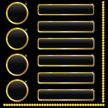 Set of stylish golden web buttons with stars. Blank rectangular buttons, borders, frames and round buttons in black and golden colors. Vector, jpg.のイラスト素材