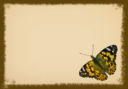 Retro frame with colorful butterflies. Illustrated old parchment with empty space for your text. Background.の写真素材