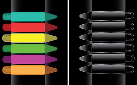 Set of narrow rectangular blanks with rounded corners. Set of blank colored and black curved buttons for website or app on a black background. Vector.のイラスト素材