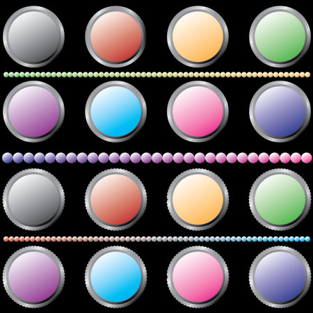 Set of round and wavy blank buttons with borders. Set of blank colored buttons and borders for web or app on black background. Vector.のイラスト素材