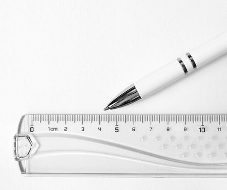 Office supplies paper, pen, pencil, ruler. Blank paper for notes, monochrome. Background with empty space for your text.の写真素材