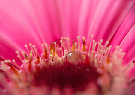 Macro close up of purple flower with drops. Close up of pink fresh gerbera flower beautiful, detail of pistils with drop. Background, wallpaper.の写真素材