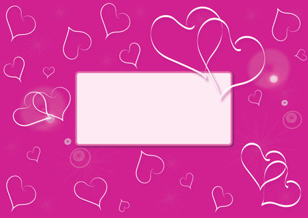 Pink postcard background with hearts. Congratulatory white card, white frame with space for your text. Vector and jpg format.のイラスト素材