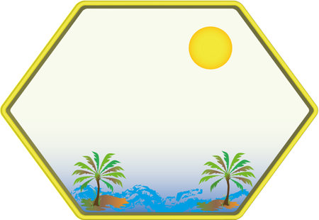 Beach label with trees, ocean and sun. Vector illustration of yellow island with sea, concept with place for text.のイラスト素材