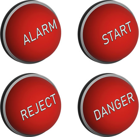 Set of red 3d buttons with words. Collection of warning metallic buttons, vector illustration. Isolated concept.のイラスト素材