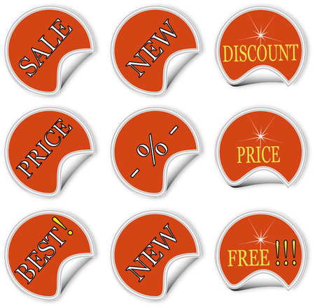 Set badge labels and stickers with different description texts. Round red labels with bent silver edge, concept collection for business website. Curved paper stickers on white background, for e-commerce, e-shopping, flyers.のイラスト素材