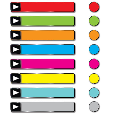 Set of stylish colorful web buttons with play arrows. Blank rectangular buttons, frames and round buttons in palette colors. Vector, jpg.のイラスト素材