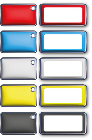 Vector set of metal buttons. Page stickers, labels, collection of metal frame objects with holes, illustration. Object isolated, empty for text.のイラスト素材