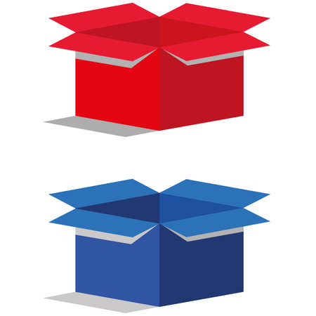 Vector open gift boxes. Illustration of red and blue boxes with shadows. Object white isolated.のイラスト素材