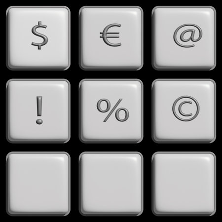 Set buttons on the keyboard. Collection of square buttons keyboard with dollar, euro signs - 3d illustration, and blank spaces.のイラスト素材