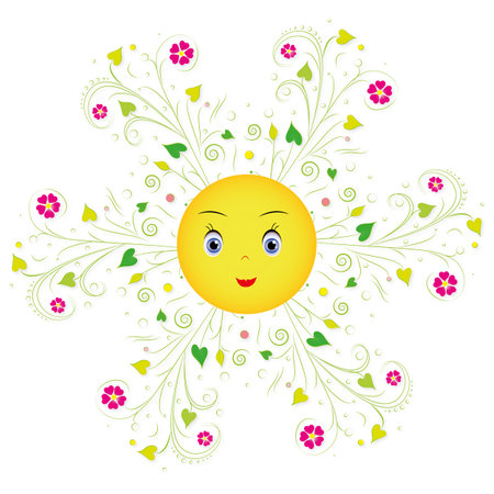 Cute cartoon sun face with flowers. Spring, summer abstract floral ornament with character blooming flower, vector illustration.のイラスト素材