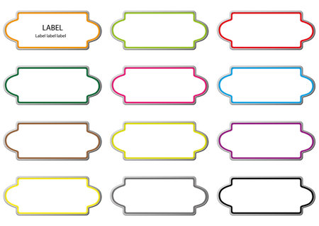 Set of colorful blank shaped labels. Collection page of the same shapes of printable stickers, objects isolated.のイラスト素材