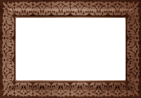 Brown wooden frame with white space. Wooden material background with empty raised frame and place for photo or text.の写真素材