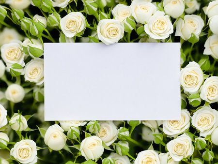 Card made of white roses frame, isolated concept. White card. Floral festive card with flowers of white roses and empty space for text, message.の写真素材